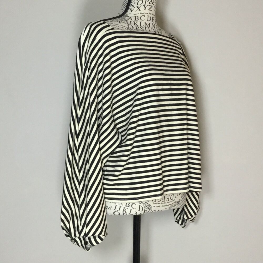 Tibi black cream striped top 3/4 pattern sleeve square neck coastal classy M - Picture 2 of 6